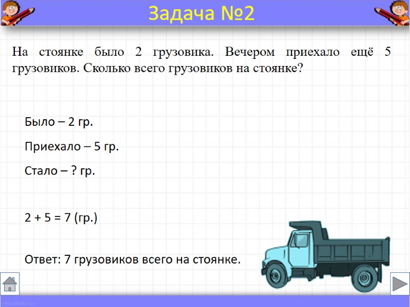 На стоянке было 2 грузовика. Вечером приехало ещё 5 грузовиков. Сколько всего грузовиков на